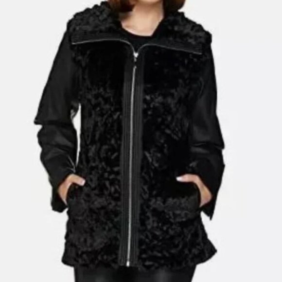 New Dennis Basso Black Faux Fur Leather Convertible Car Coat Jacket Vest 2X Soft - Picture 1 of 11